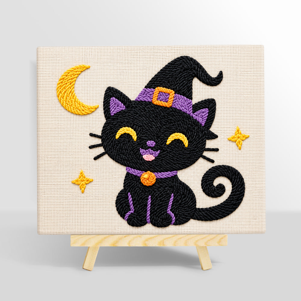 Black witch cat with crescent moon punch needle kit for beginners