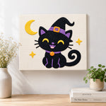 Finished black witch cat with crescent moon artwork displayed on a wall