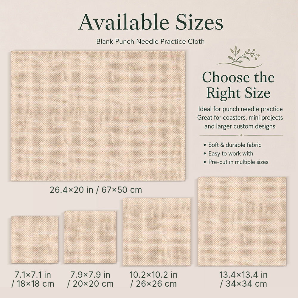 Size guide for 5pcs blank punch needle practice cloth with available size options