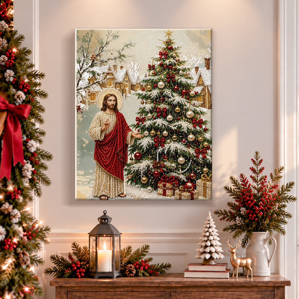 Finished blessed christmas season pearl diamond painting artwork displayed as holiday home decor