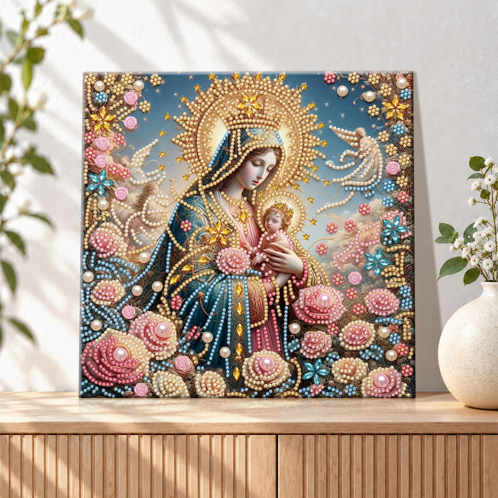 Finished blessed madonna and infant pearl diamond painting artwork displayed as holiday home decor