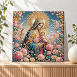Finished blessed madonna and infant pearl diamond painting artwork displayed as holiday home decor