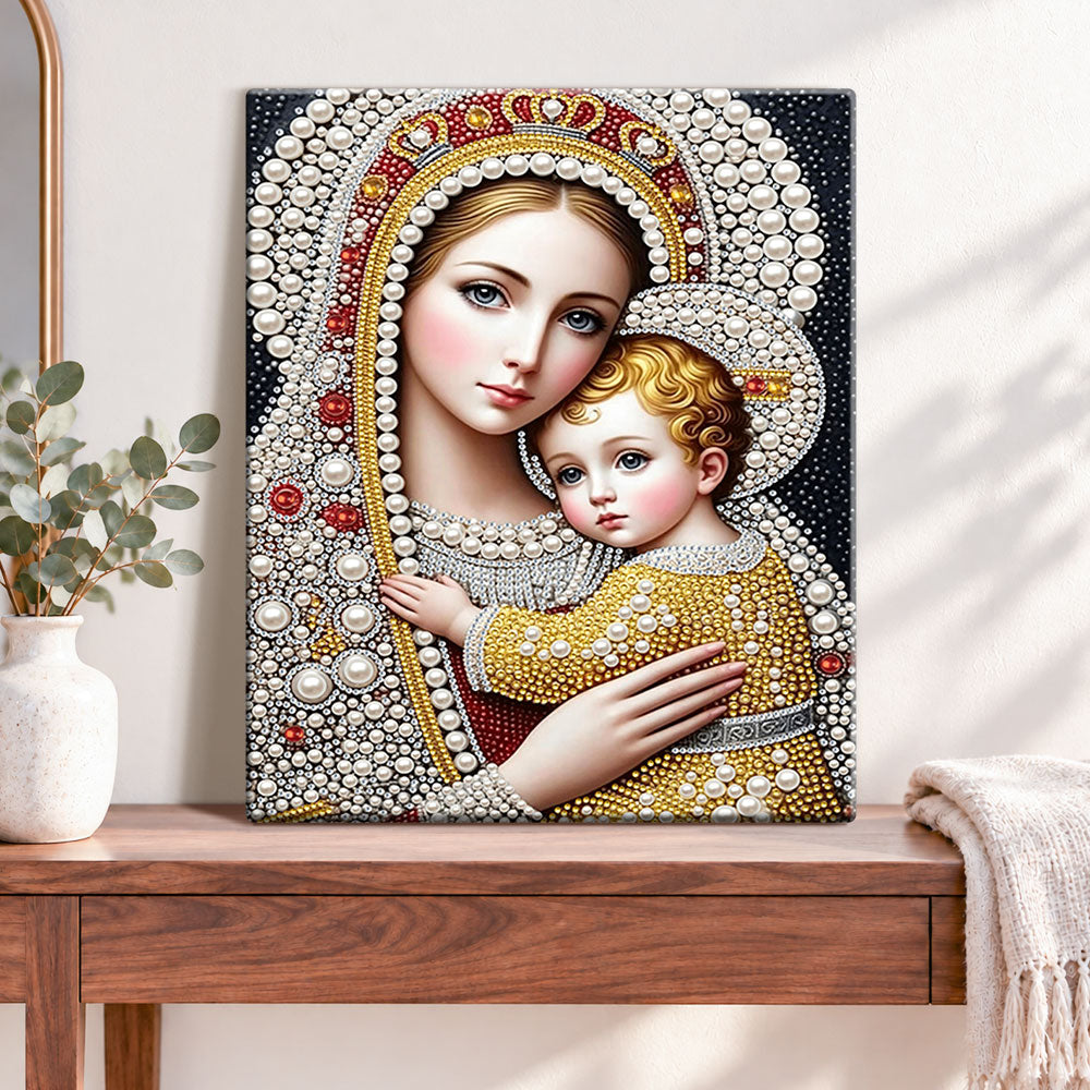 Finished blessed mother and child pearl diamond painting artwork displayed as home decor