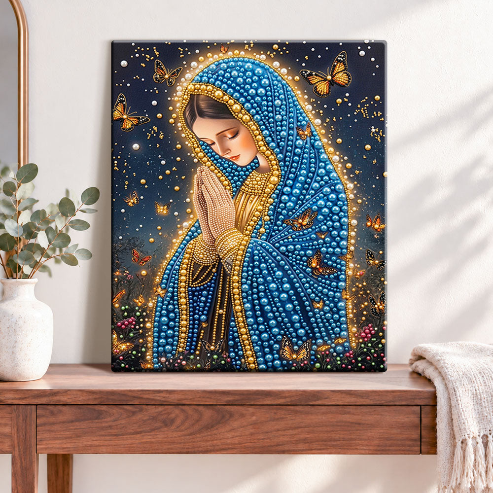 Finished blessed serene prayer pearl diamond painting artwork displayed as home decor