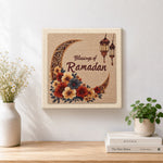 Finished blessings of ramadan and floral crescent moon artwork displayed on a wall