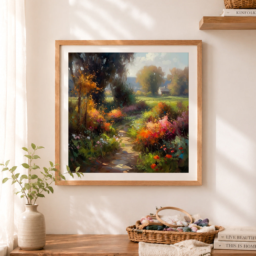 Finished blooming cottage path cross stitch artwork displayed as home decor