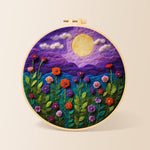 Blooming flowers under the purple night moon needle felting kit for beginners with a round wooden frame