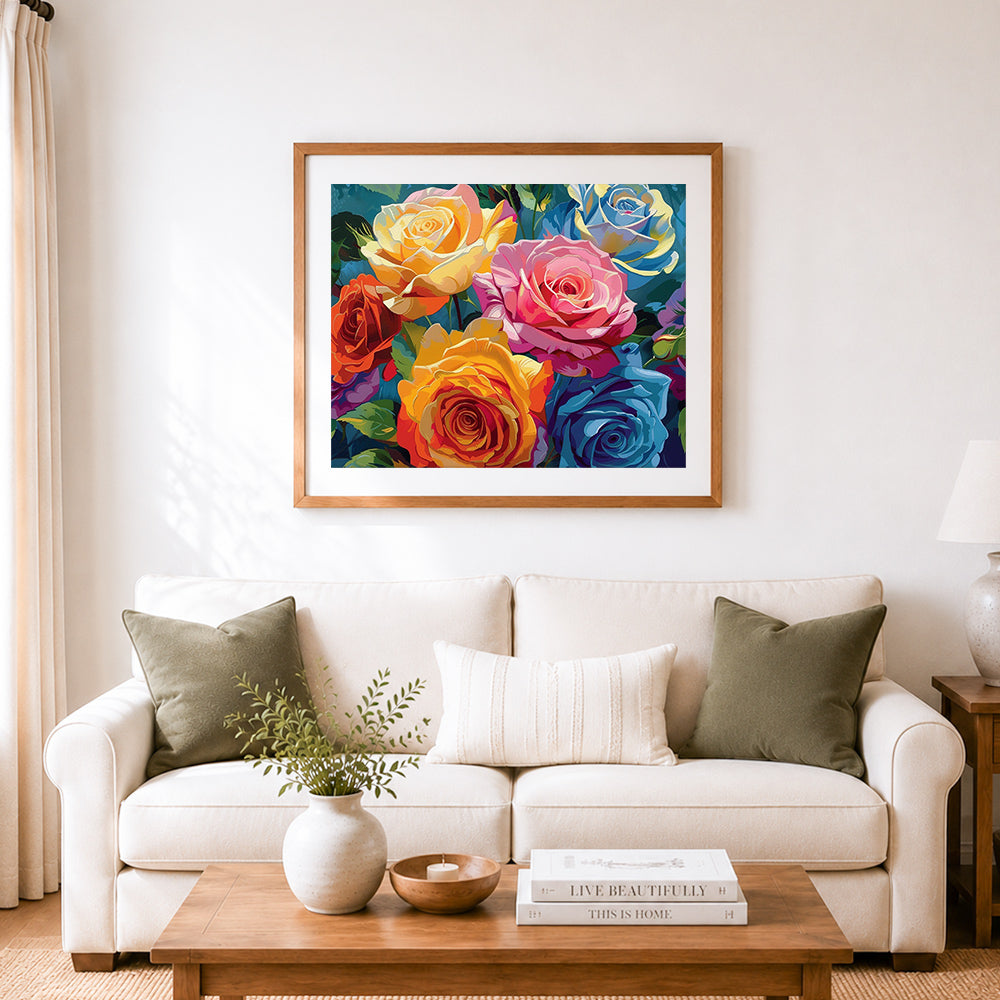 Finished blooming rainbow roses cross stitch artwork displayed as home decor