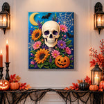 Finished bloomy skull under crescent moon pearl diamond painting artwork displayed as holiday home decor