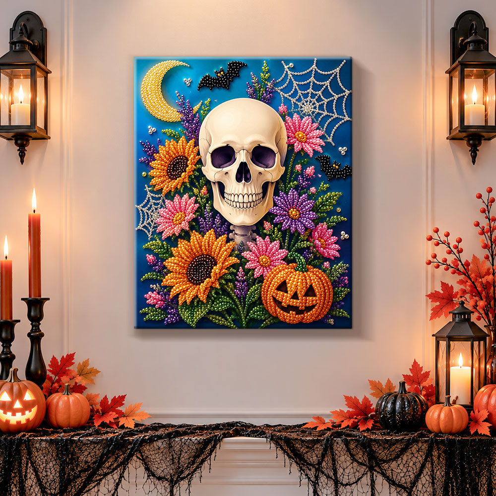 Finished bloomy skull under crescent moon pearl diamond painting artwork displayed as holiday home decor