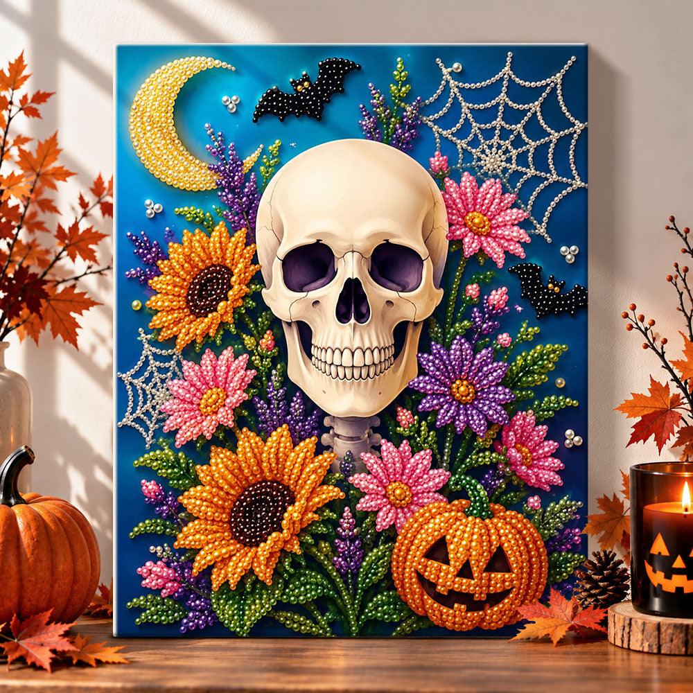 Bloomy skull under crescent moon pearl diamond painting kit for beginners