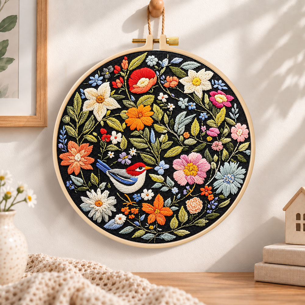Blossom and bird art embroidery hoop wall art displayed as warm and cozy handmade home decor