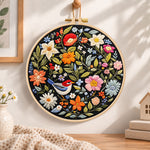 Blossom and bird art embroidery hoop wall art displayed as warm and cozy handmade home decor