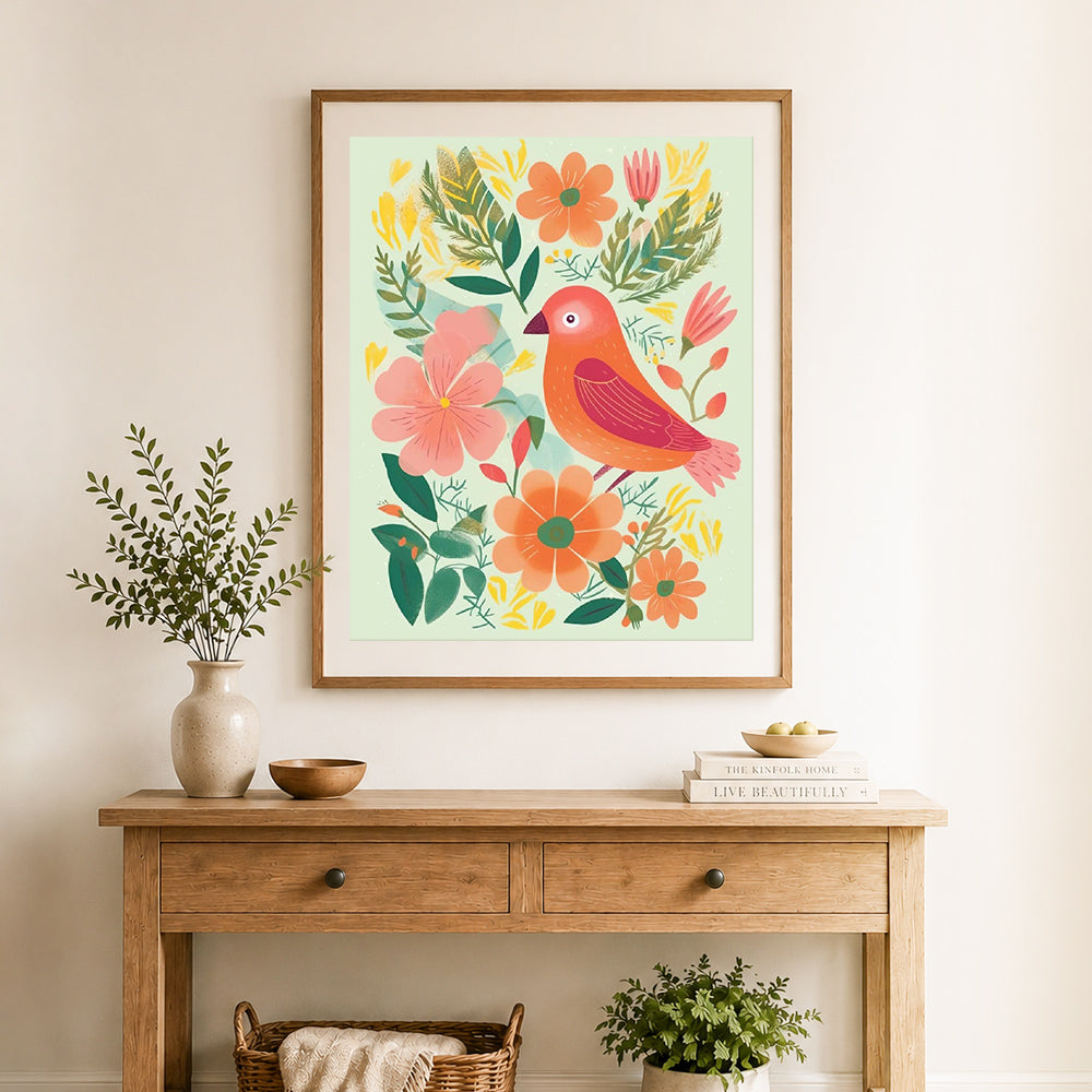 Finished blossom and bird cross stitch artwork displayed as home decor