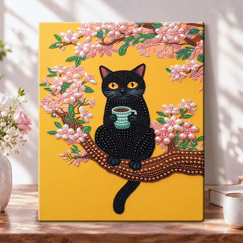 Blossom black cat pearl diamond painting kit for beginners