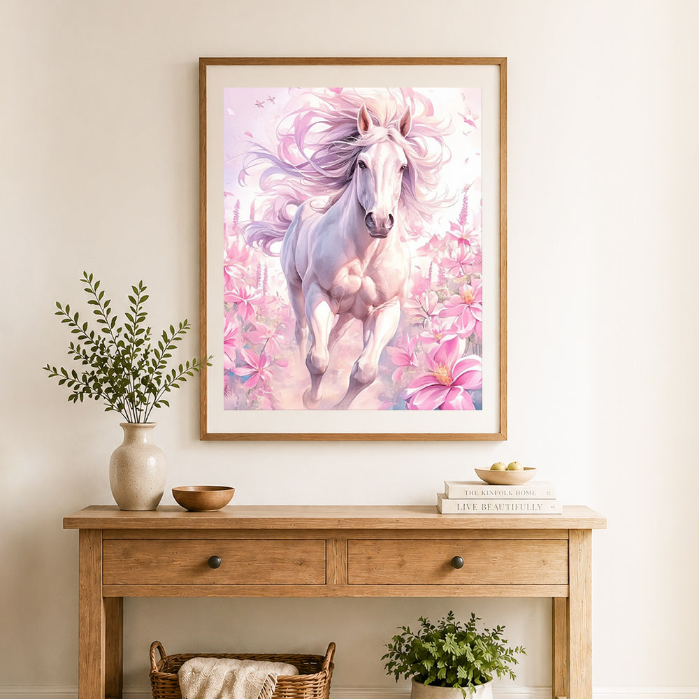 Finished blossom running white horse cross stitch artwork displayed as home decor