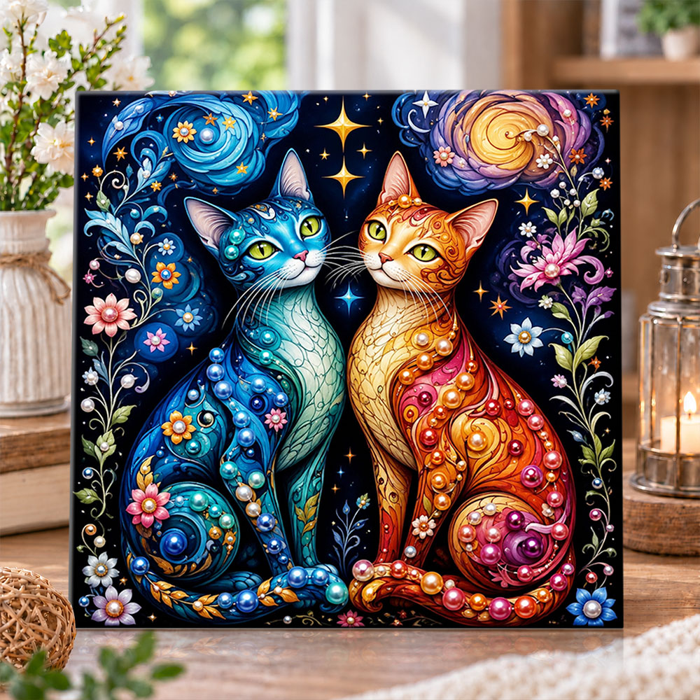 Blue and orange fantasy cats pearl diamond painting kit for beginners