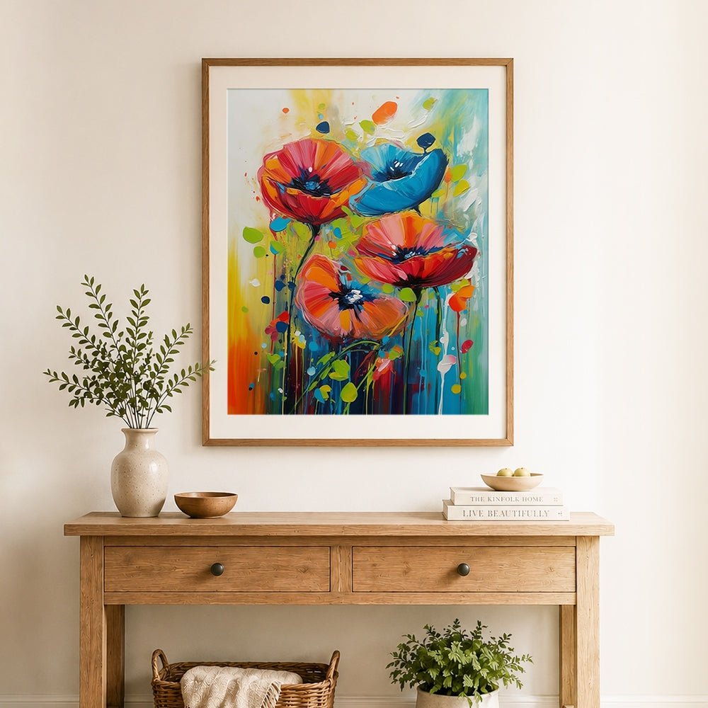Finished blue and red poppies cross stitch artwork displayed as home decor