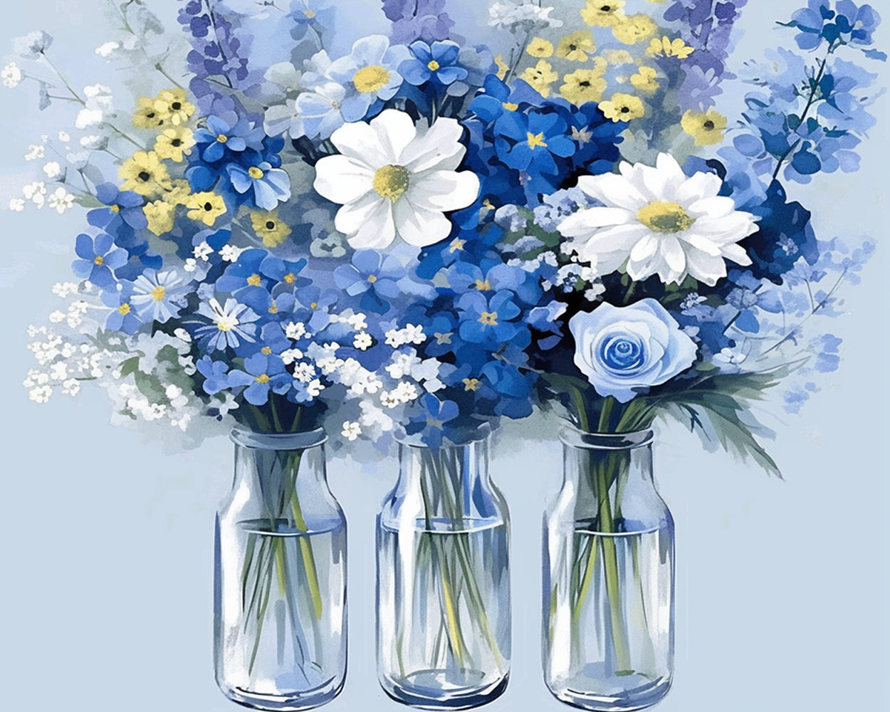 Blue and white floral bouquet in glass bottles cross stitch kit for beginners