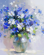 Blue and white wildflowers in round vase cross stitch kit for beginners