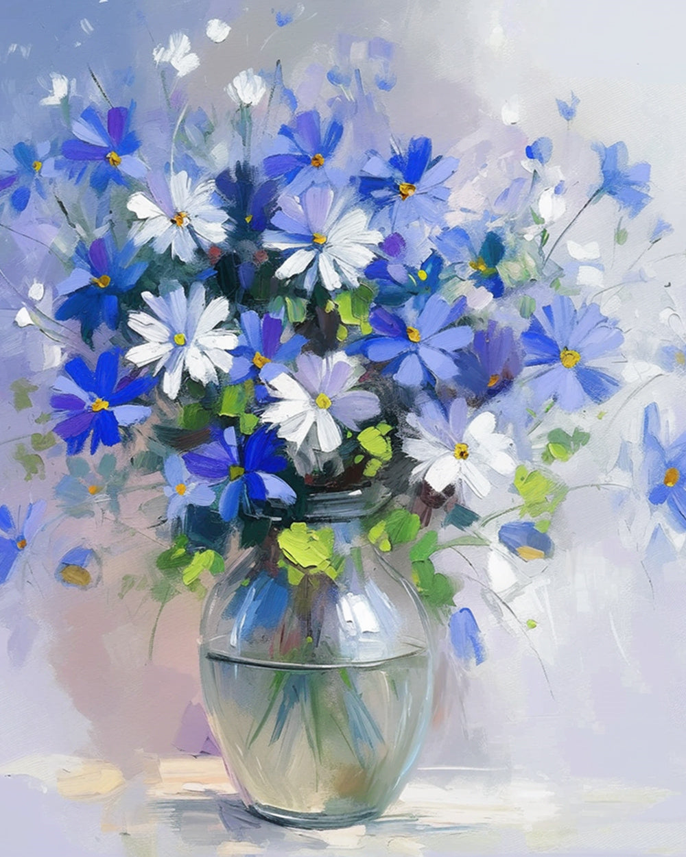 Blue and white wildflowers in round vase cross stitch kit for beginners