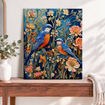 Finished blue beaded birds on branches pearl diamond painting artwork displayed as home decor