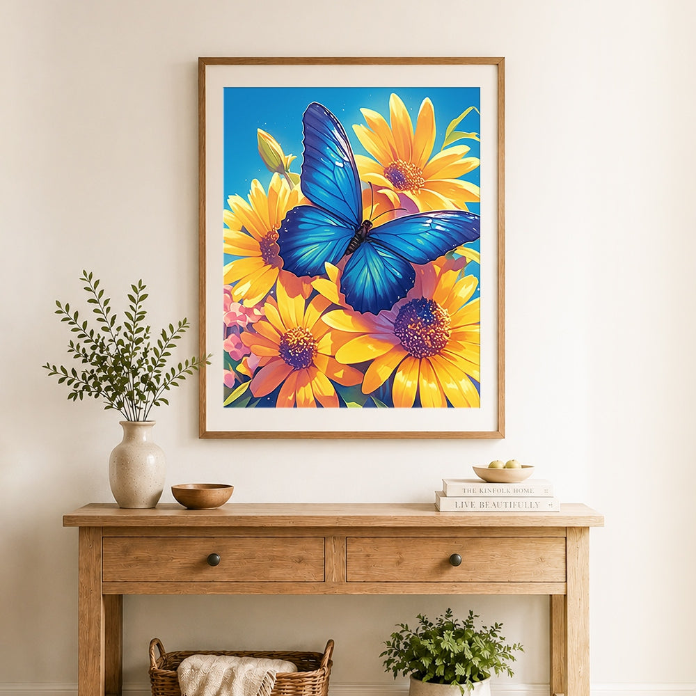 Finished blue butterfly on yellow daisies cross stitch artwork displayed as home decor