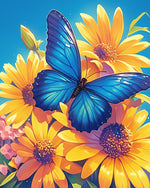Blue butterfly on yellow daisies cross stitch kit for beginners
