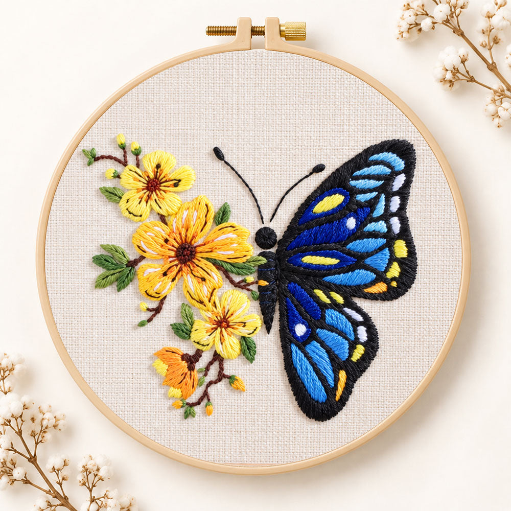 Blue butterfly with yellow blooms embroidery kit
