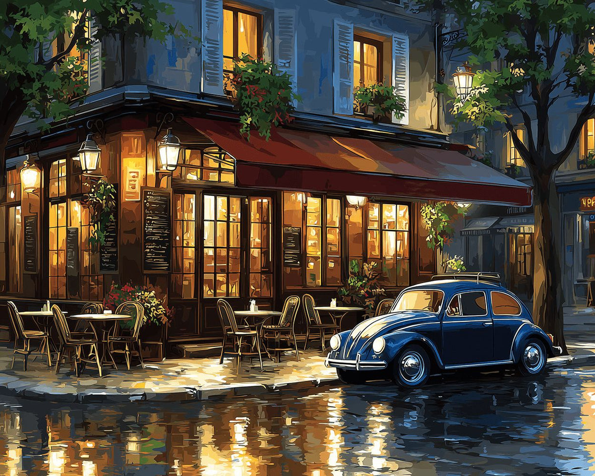 Blue car at a rainy night bistro cross stitch kit for beginners