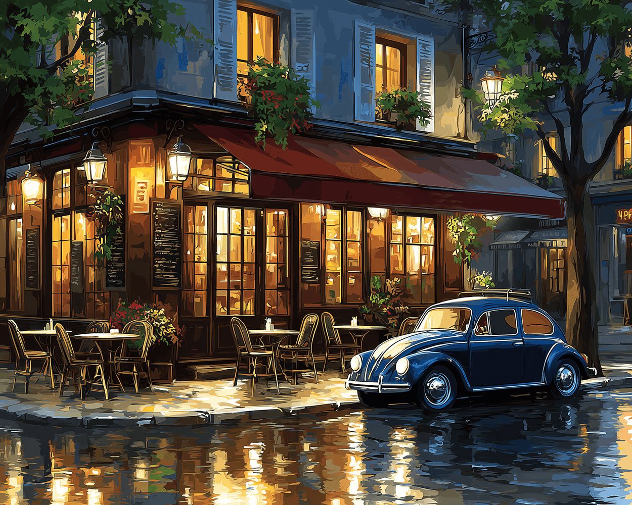 Blue car at a rainy night bistro cross stitch kit for beginners