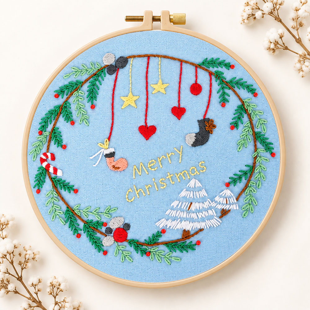 Blue christmas wreath embroidery kit