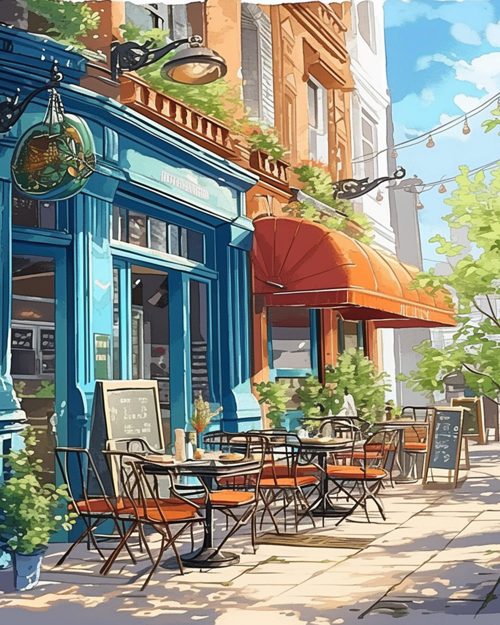 Blue corner cafe with red awning cross stitch kit for beginners