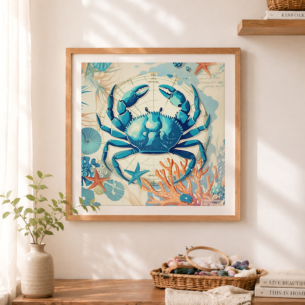 Finished blue crab on vintage sea map cross stitch artwork displayed as home decor