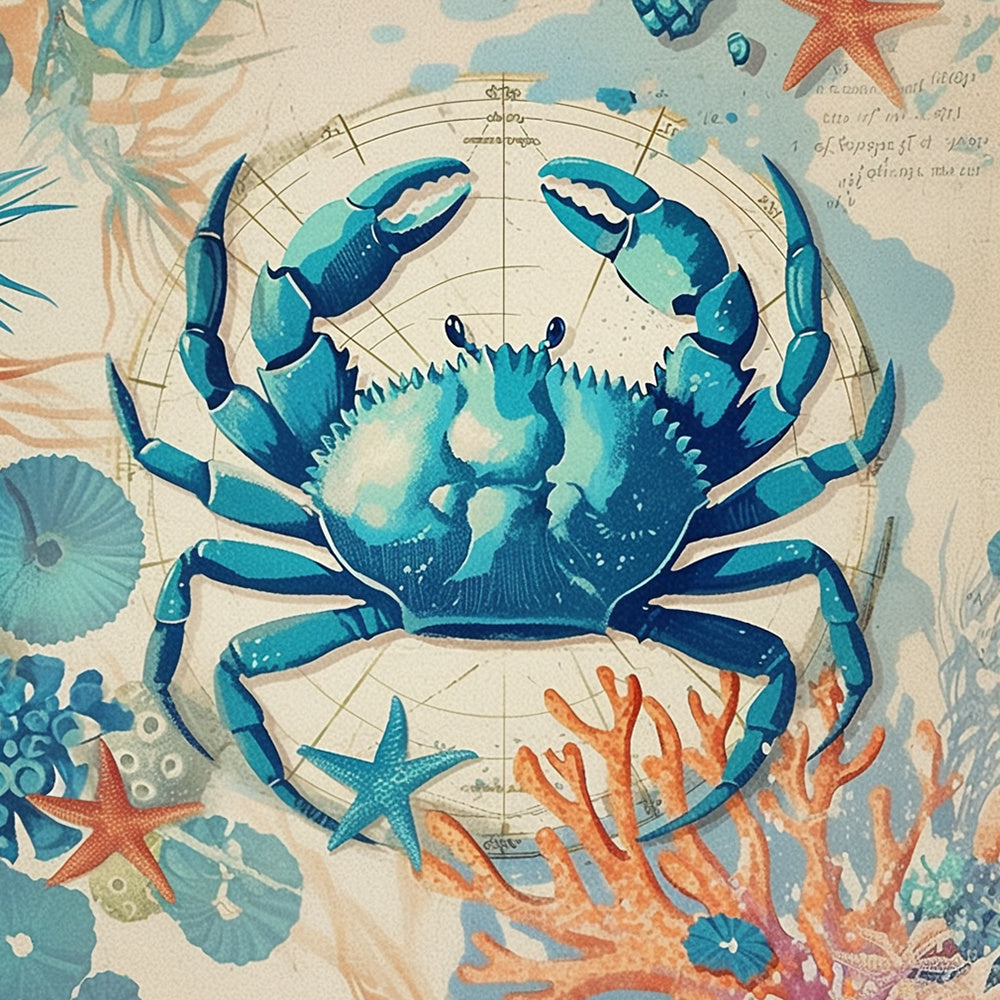 Blue crab on vintage sea map cross stitch kit for beginners