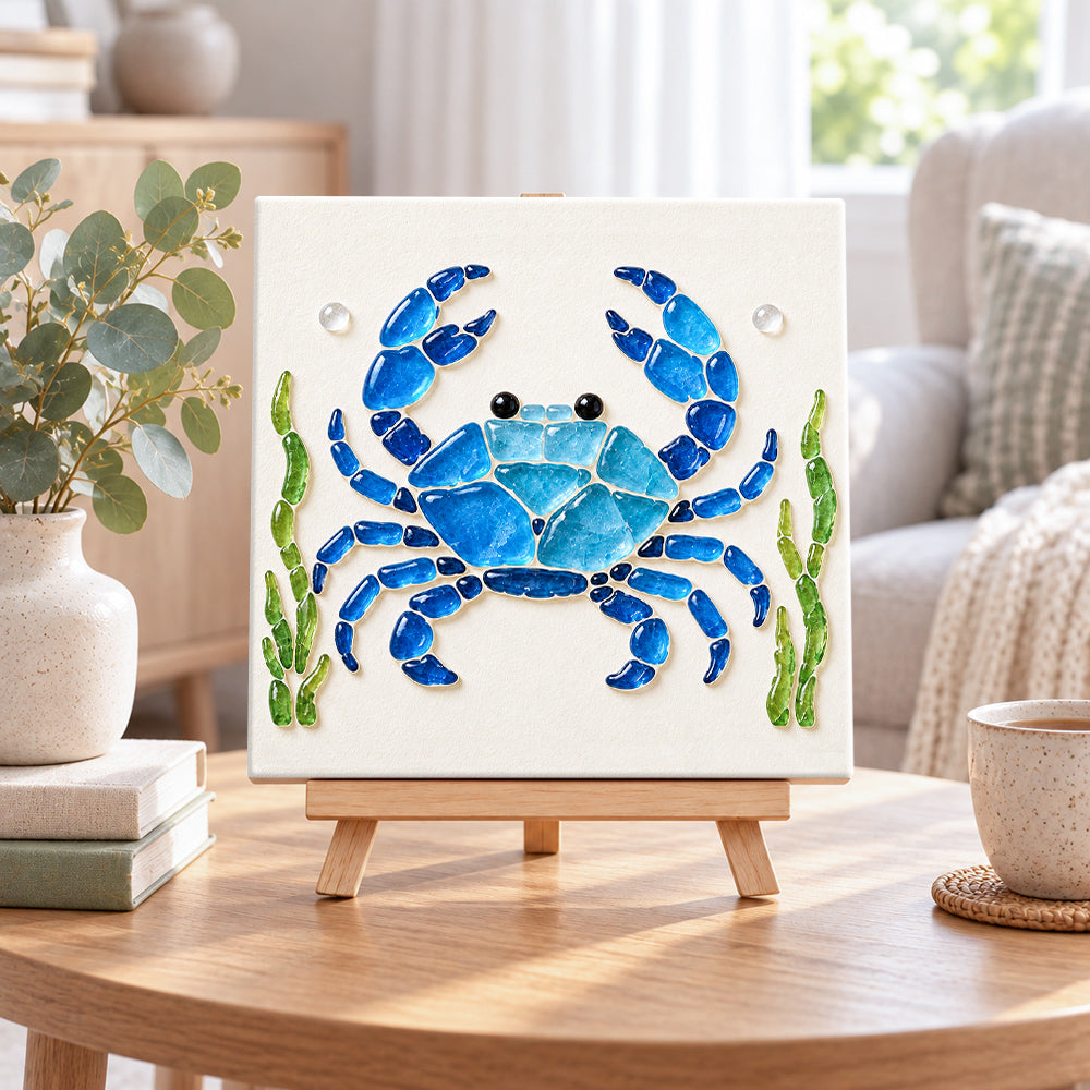 Blue crab sea glass art kit displayed as seasonal home decor