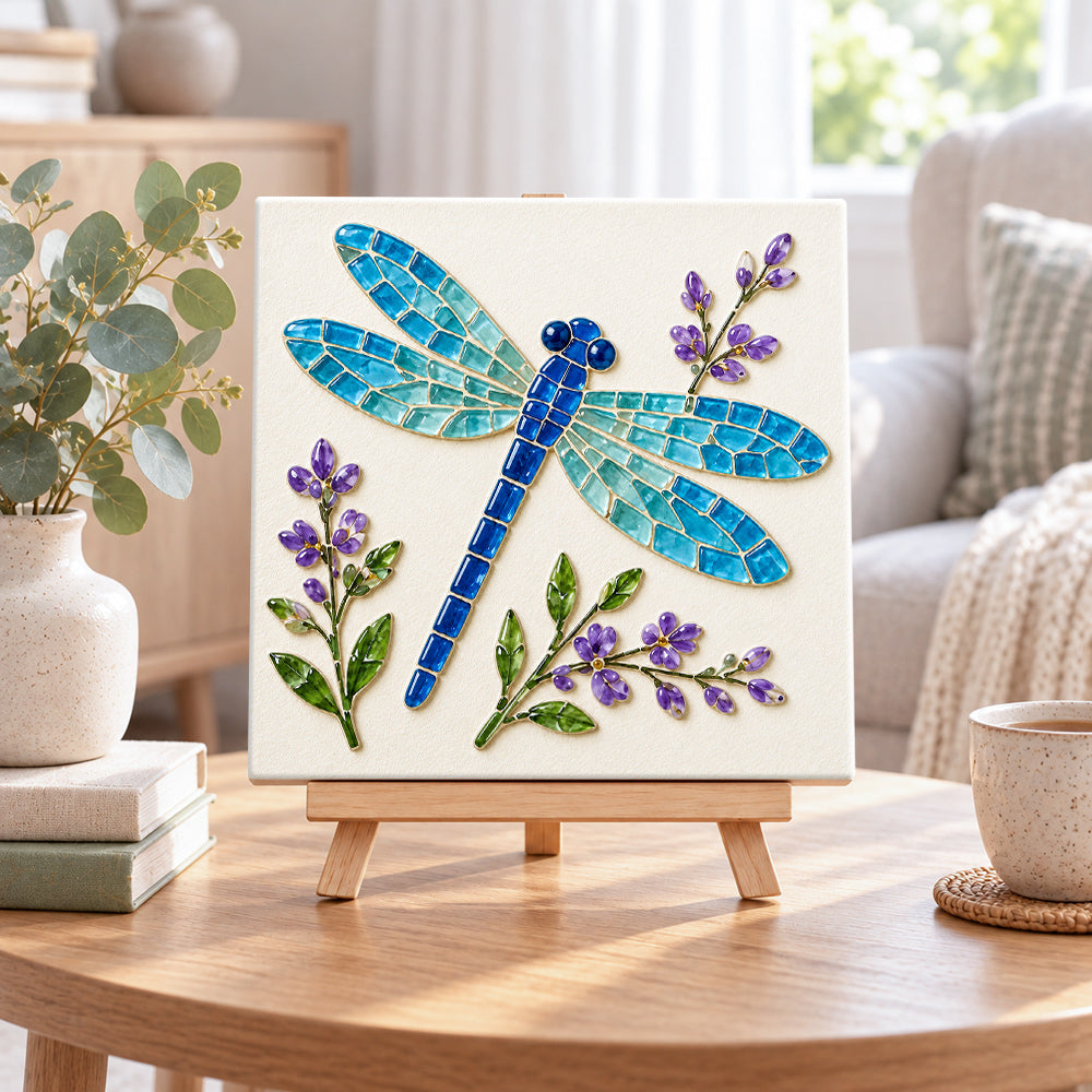 Blue dragonfly sea glass art kit displayed as seasonal home decor