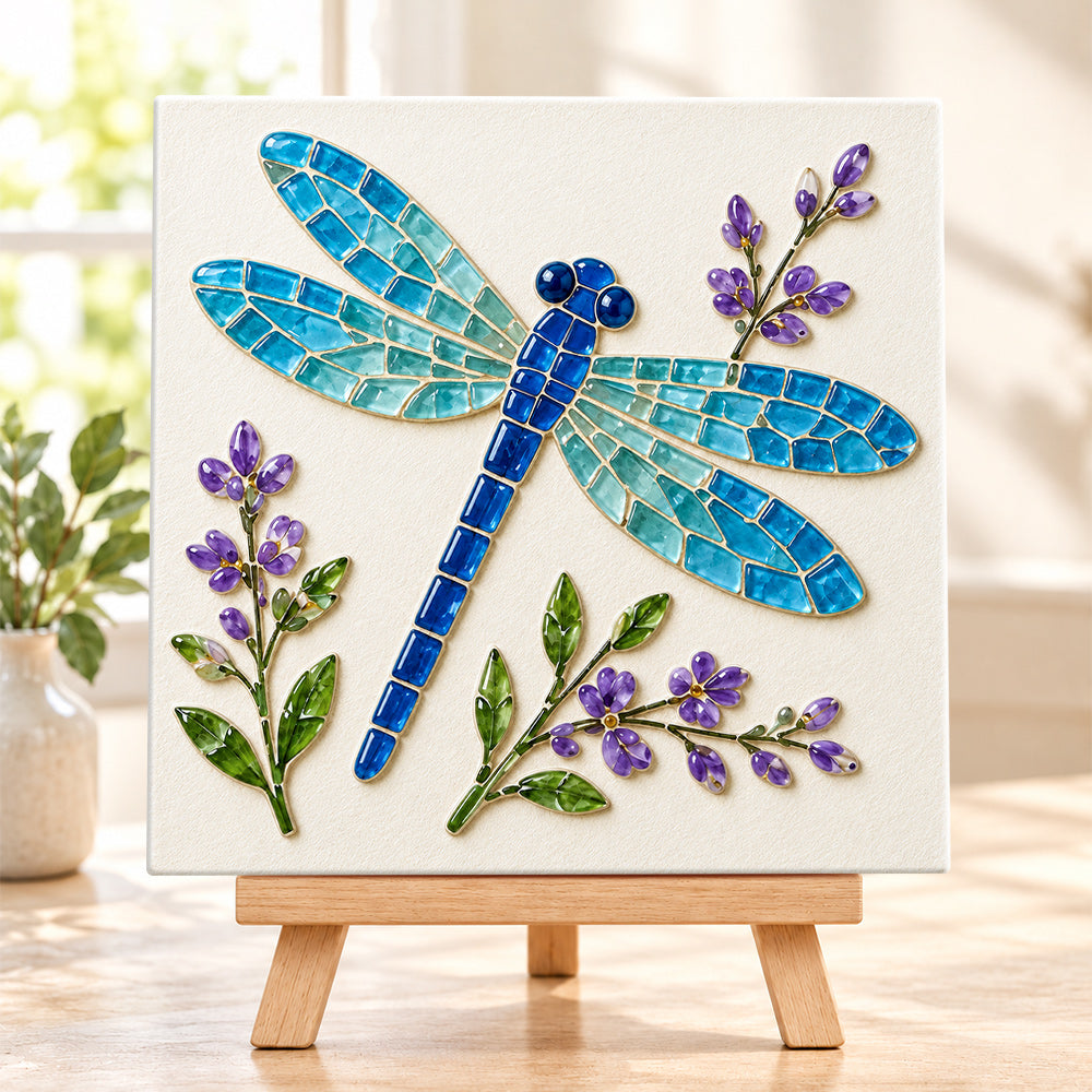 Blue dragonfly sea glass art kit finished artwork on display