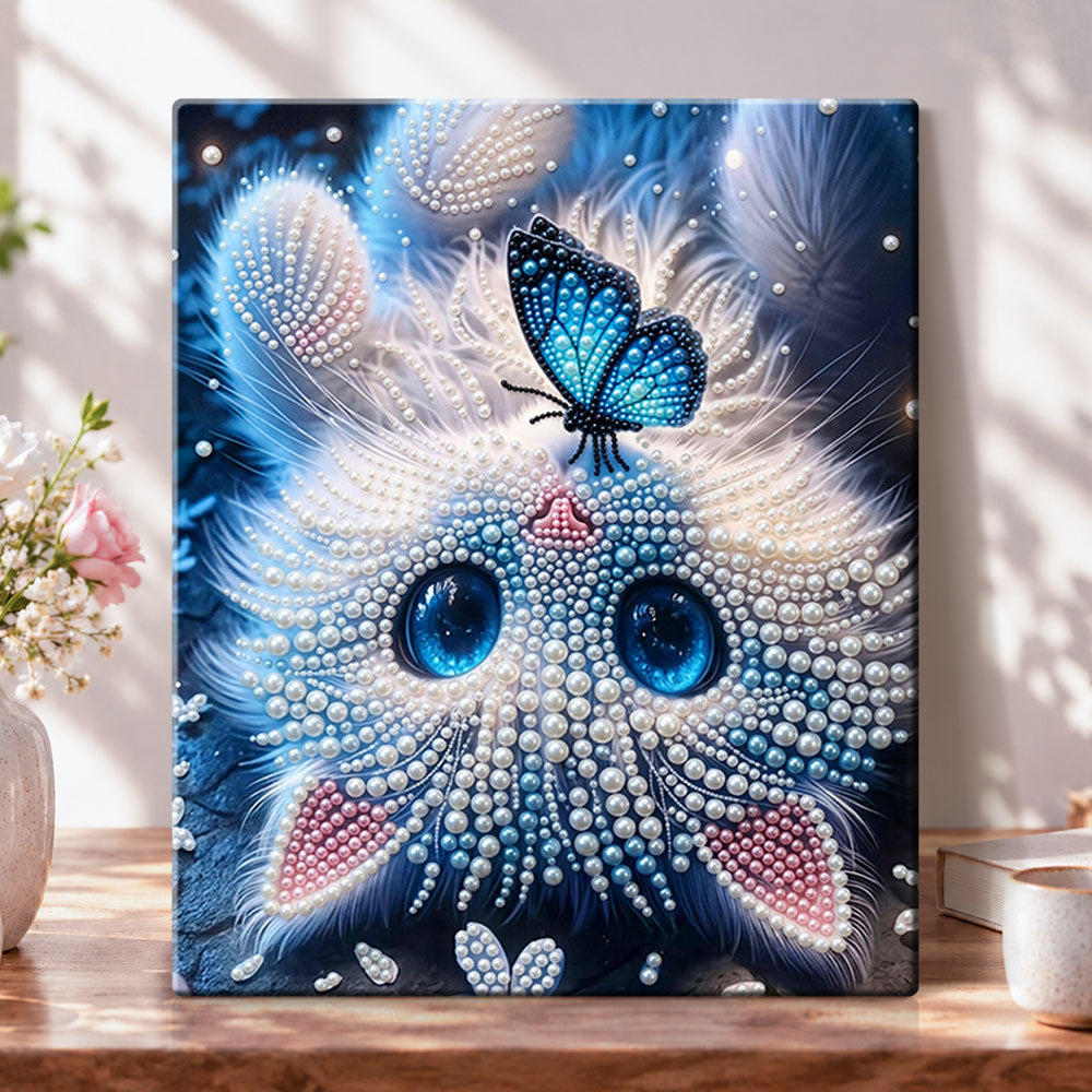 Blue eyed feline and butterfly pearl diamond painting kit for beginners