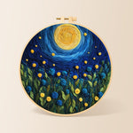 Blue flower meadow under the swirling night needle felting kit for beginners with a round wooden frame