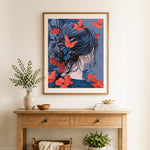 Finished blue hair and red butterflies cross stitch artwork displayed as home decor