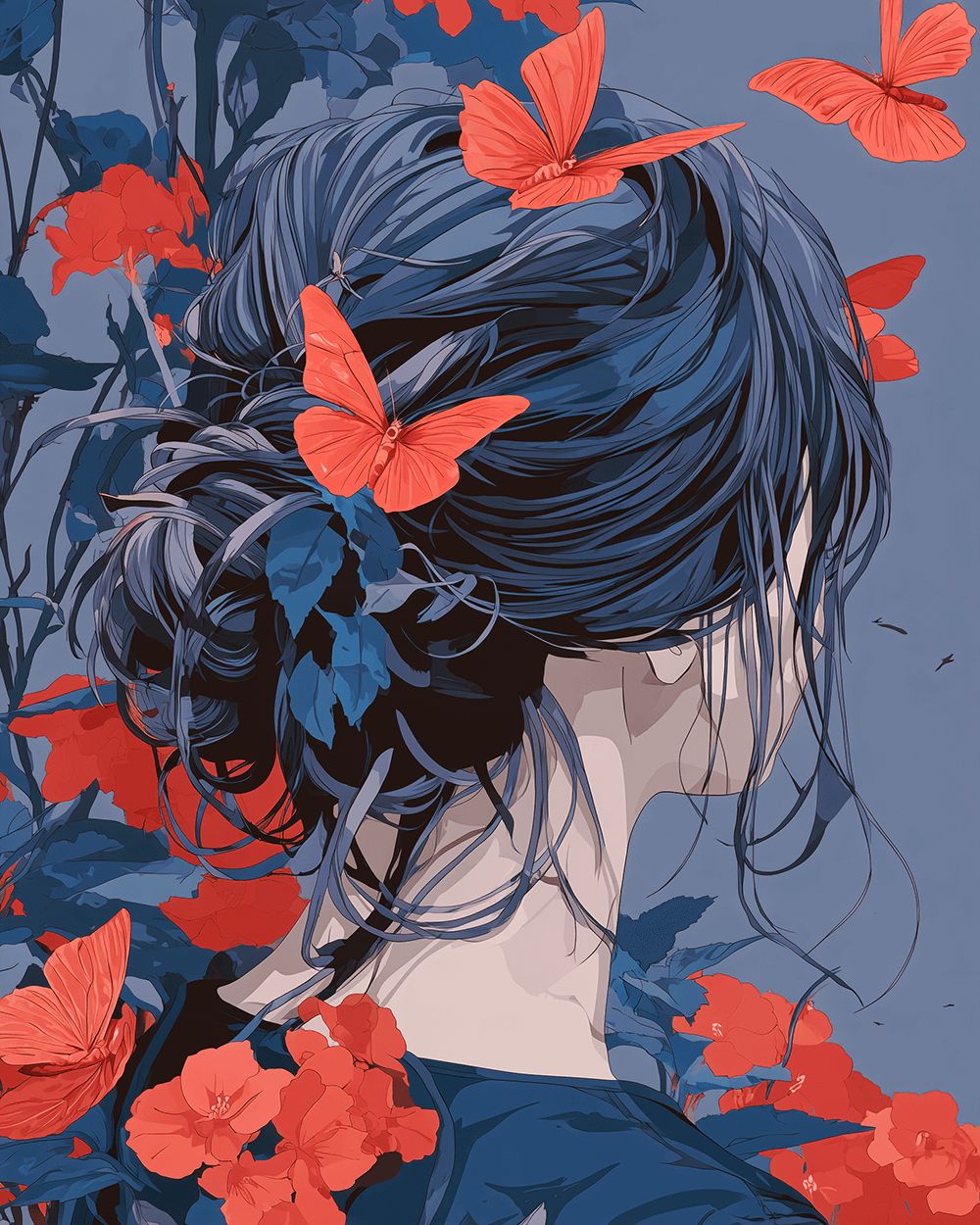 Blue hair and red butterflies cross stitch kit for beginners