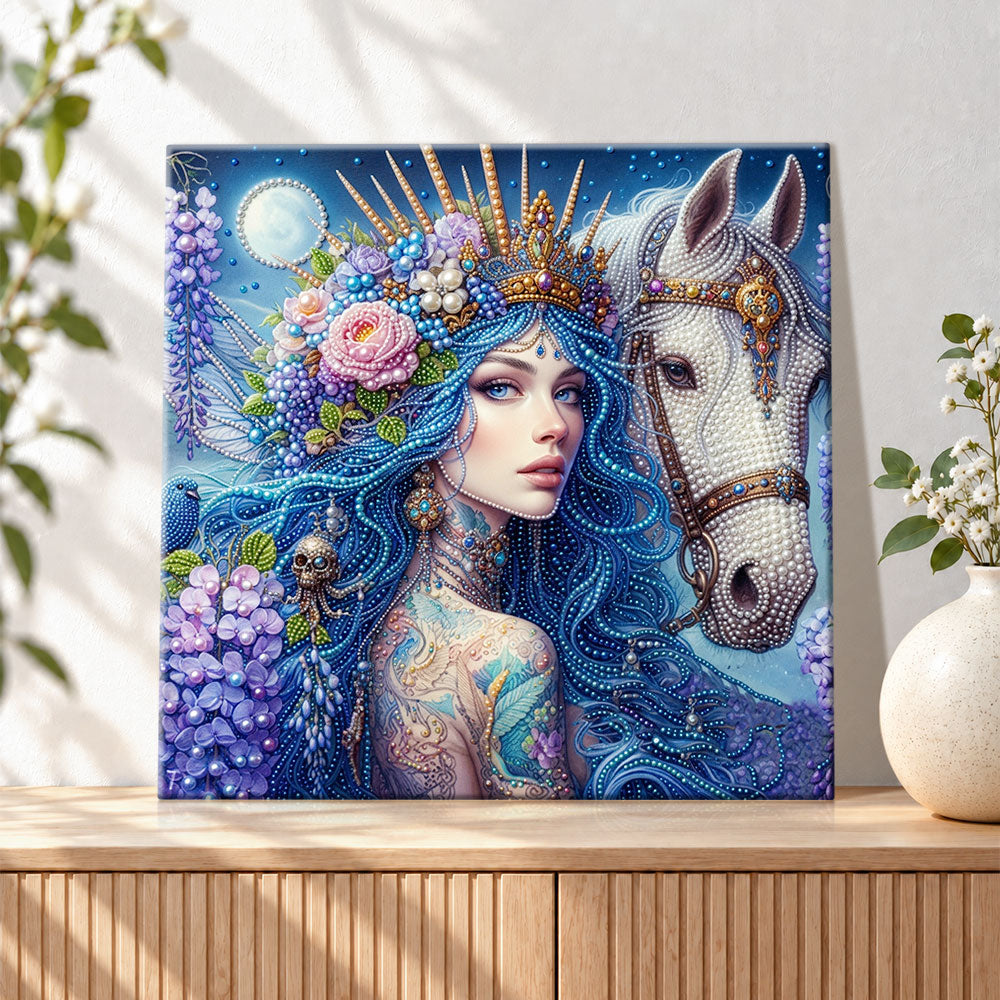 Finished blue haired queen with white horse pearl diamond painting artwork displayed as holiday home decor