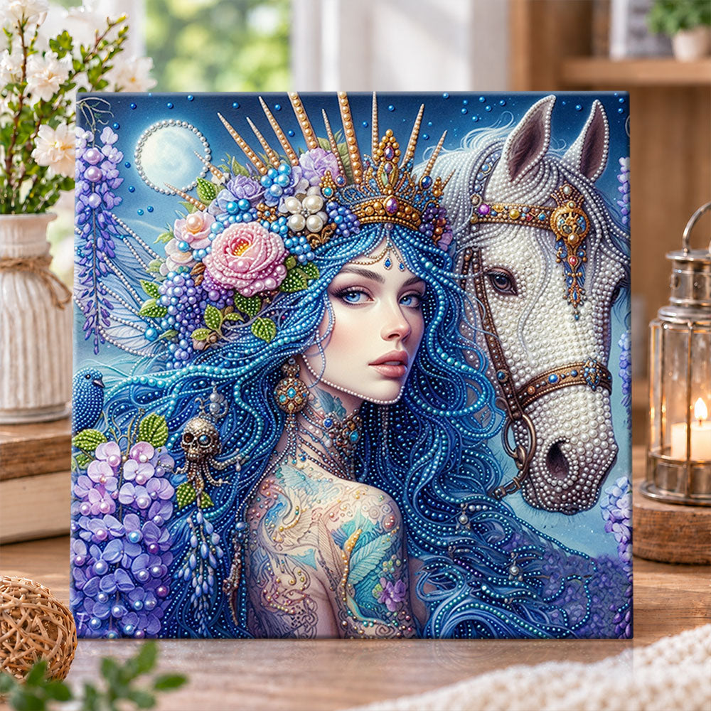 Blue haired queen with white horse pearl diamond painting kit for beginners