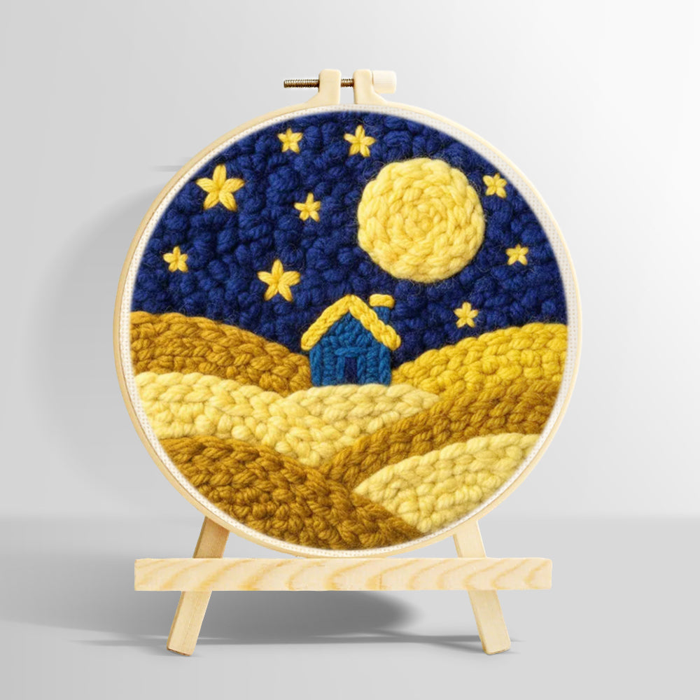 Blue house on yellow hills under the starry sky punch needle kit for beginners