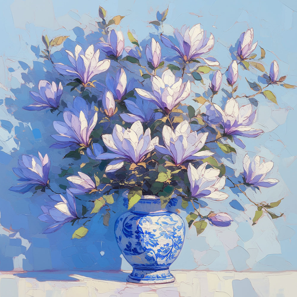 Blue magnolia bouquet cross stitch kit for beginners