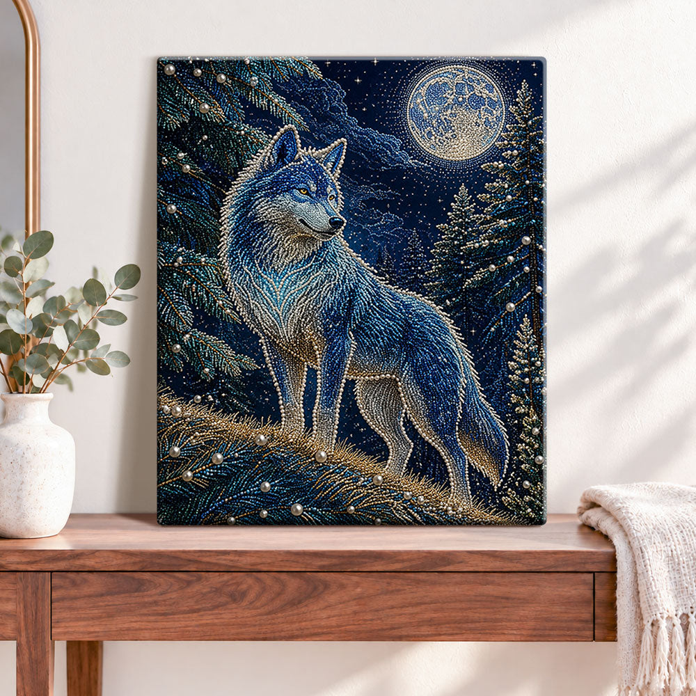 Finished blue moon wolf in pine woods pearl diamond painting artwork displayed as home decor