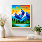 Finished blue mountains under the dreamy starry night artwork displayed on a wall
