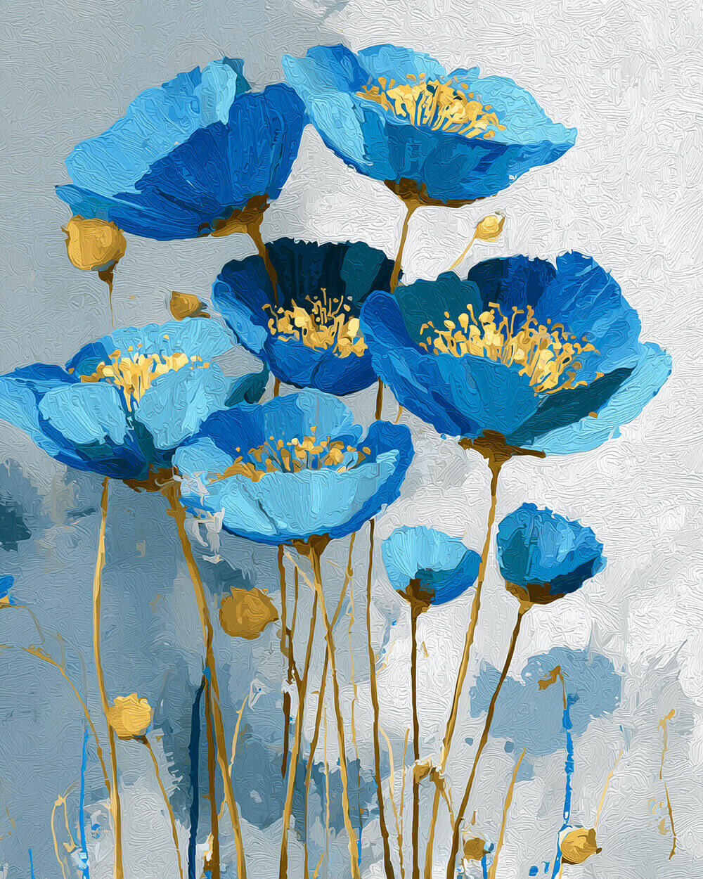 Blue poppies with gold centers cross stitch kit for beginners