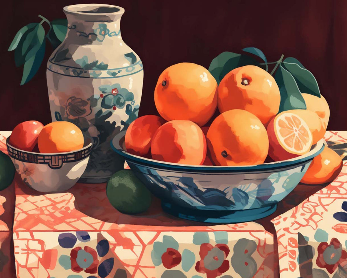 Blue porcelain bowl with oranges cross stitch kit for beginners